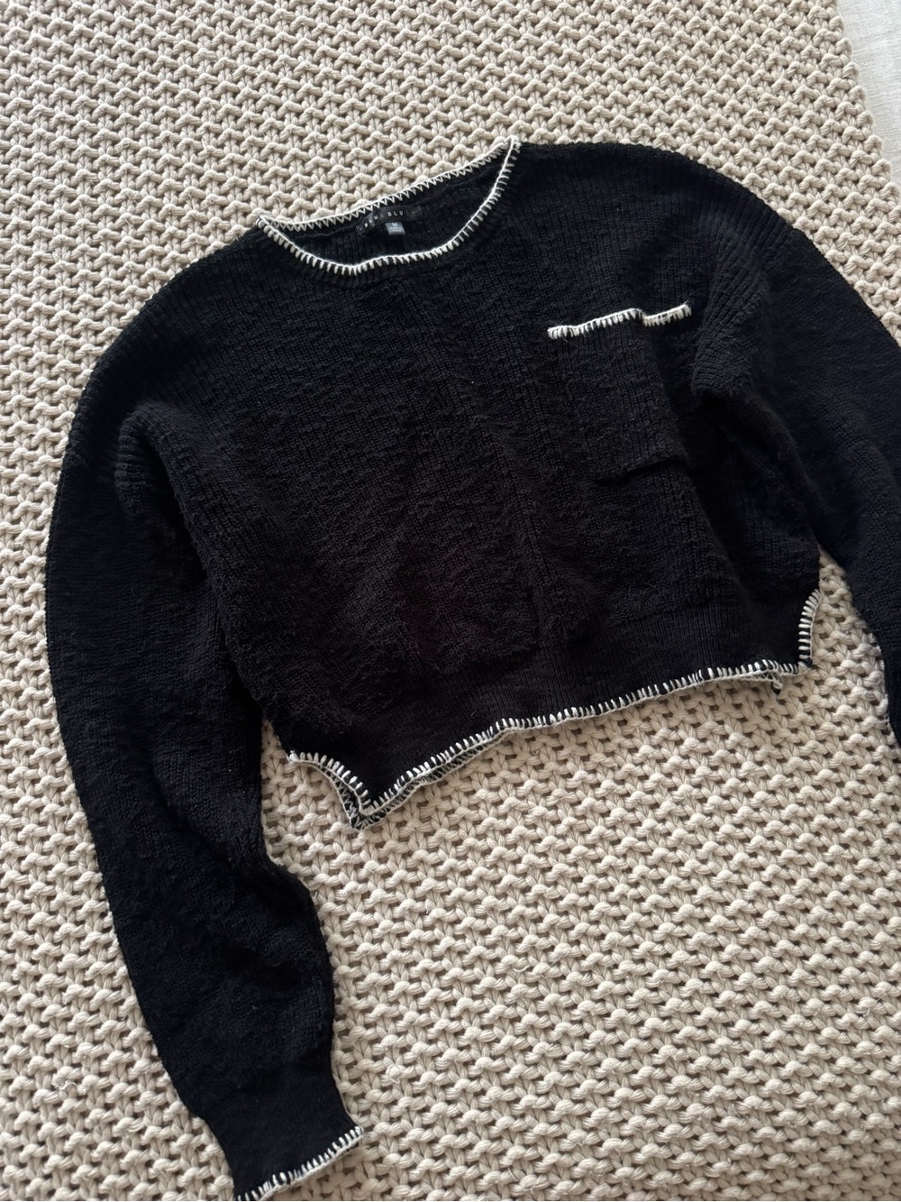 Blue Blush Black Cropped Crewneck Sweater with White Trim